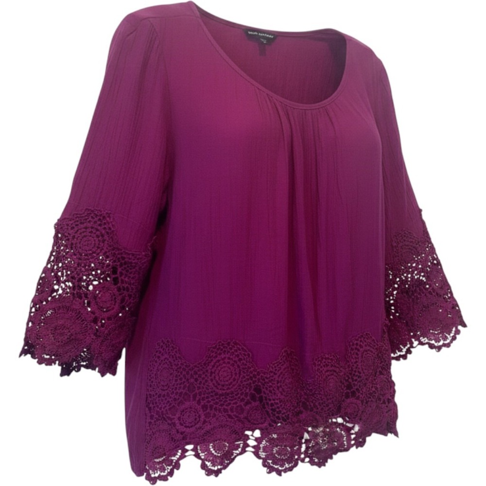 Unique Spectrum Magenta Purple‎ Crochet Lace Trim Bell Sleeve Blouse XL READ